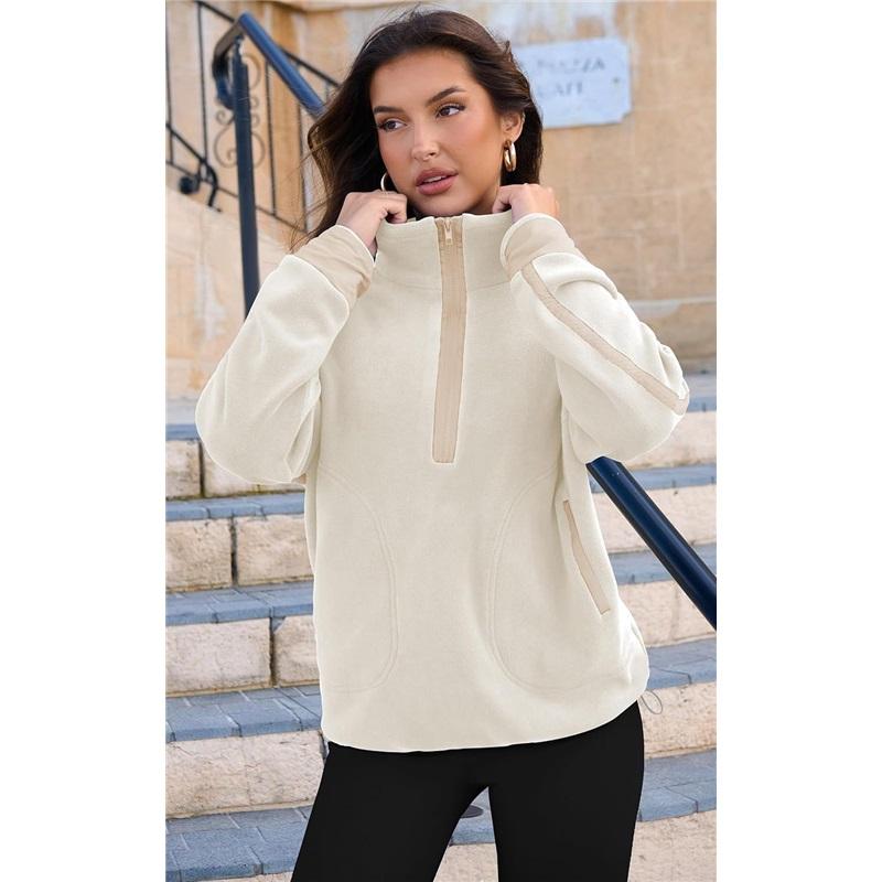 Women's Color Block Striped Half Zip Polo Sweatshirt Loose Long Sleeve Casual Pullover Top