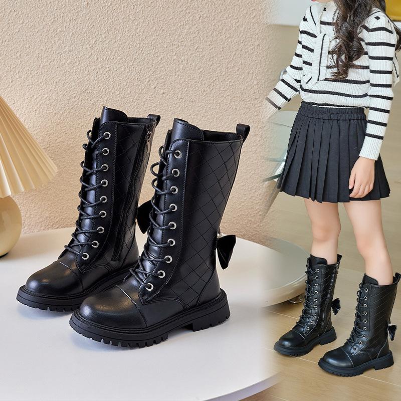 British Style Girls High Boots 2024 New Versatile Autumn and Winter Kids Soft Sole Sweet Simple Non-slip Back Bow Princess Boots