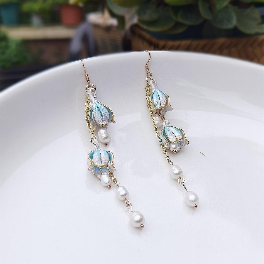 Retro Handmade Flower-Wrapped Earrings, Antique High-End Earrings, Earrings, Lily Of The Valley Long Pearl Decorative Earclip Jewelry, Women