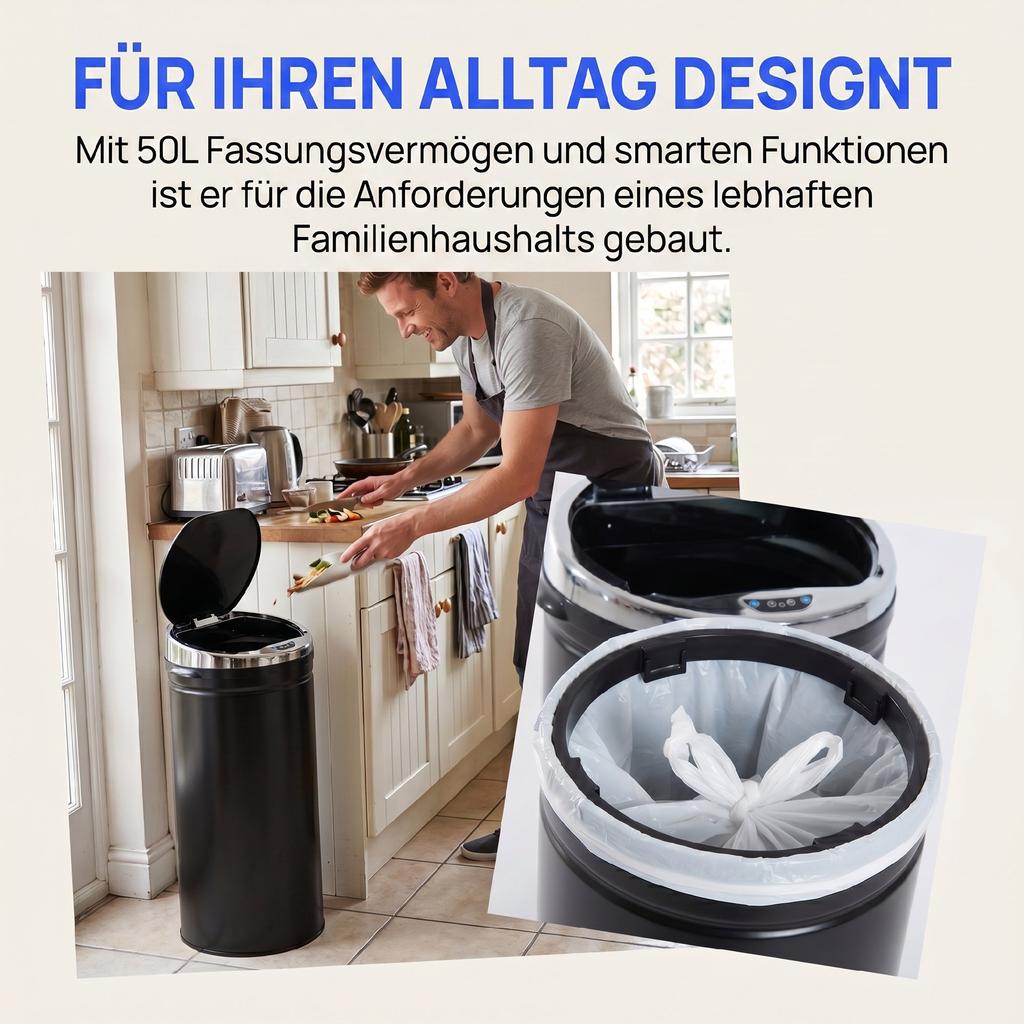 50L Automatic Motion Sensor Rubbish Bin with Fingerprint Resistant, Stainless Steel, Black
