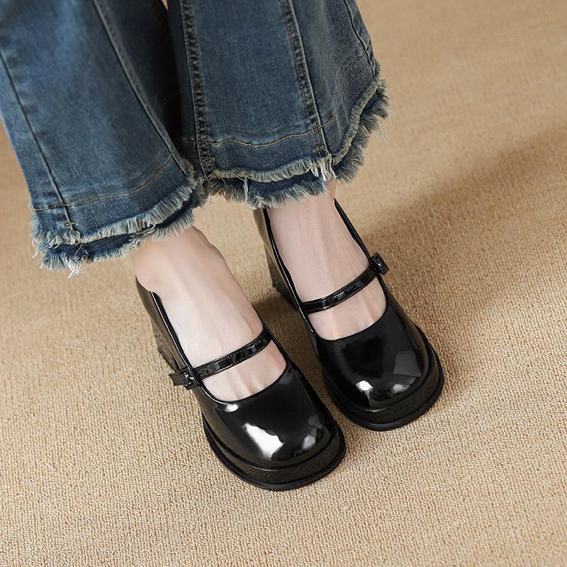 Spring New Versatile Small Leather Shoes Red Wedding Thick Heel Heightening Waterproof Table Mary Jane Shoes Women's Single Shoes