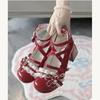 Fashion Lolita Red High Heels Cute Pumps Shoes Spring Autumn Lace Thick High Heels Single Shoes Patent Leather Mary Jane Women's Shoes