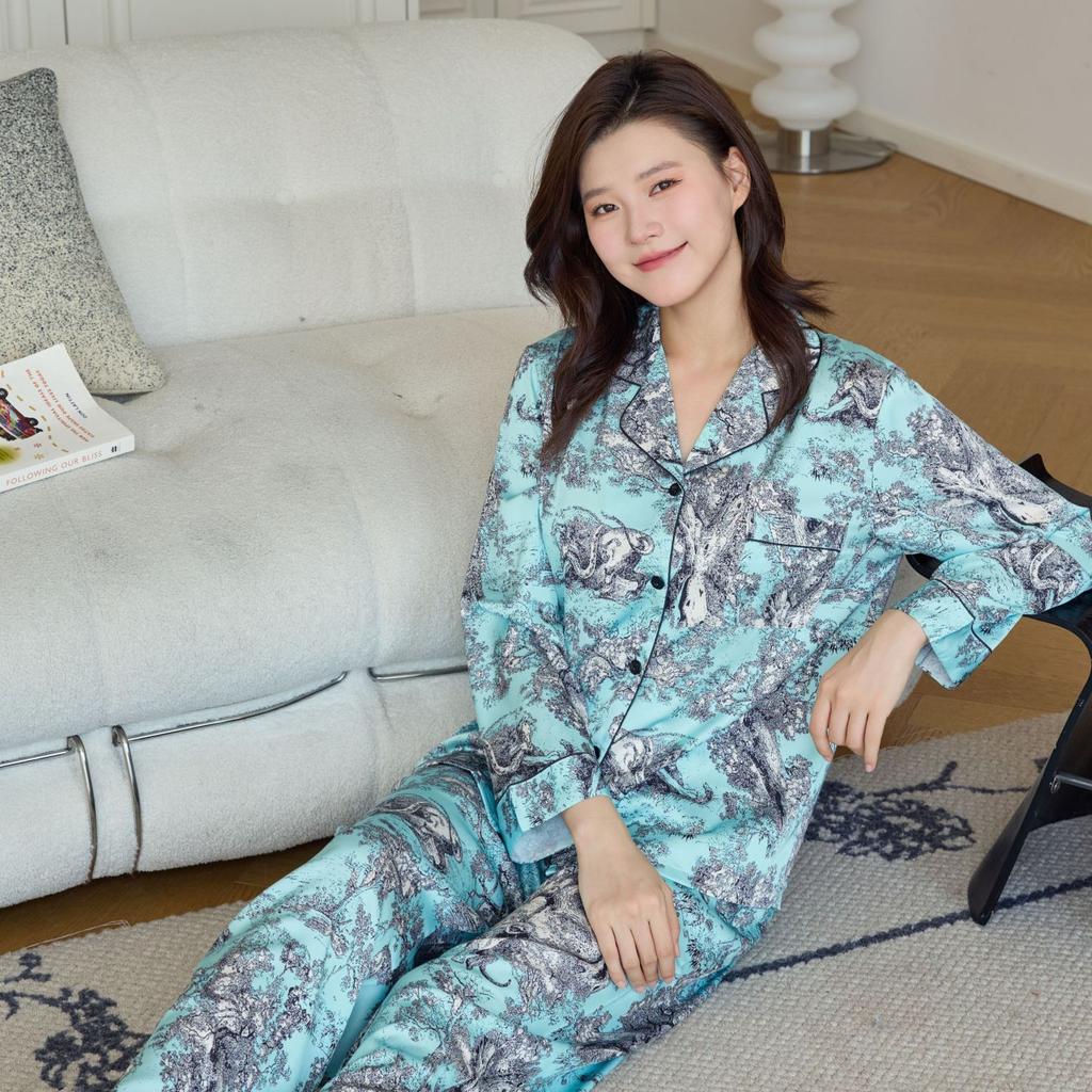 1011 new ice and snow silk pajamas women's long-sleeved trousers national style printing high-end sense can be worn outside loungewear suit