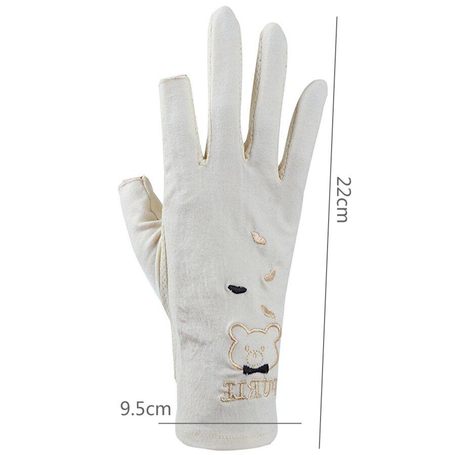 Women's Cute Bear Embroidery Sun Gloves, UPF 50+ UV Protection, Breathable Mesh, Fingerless Gloves for Driving
