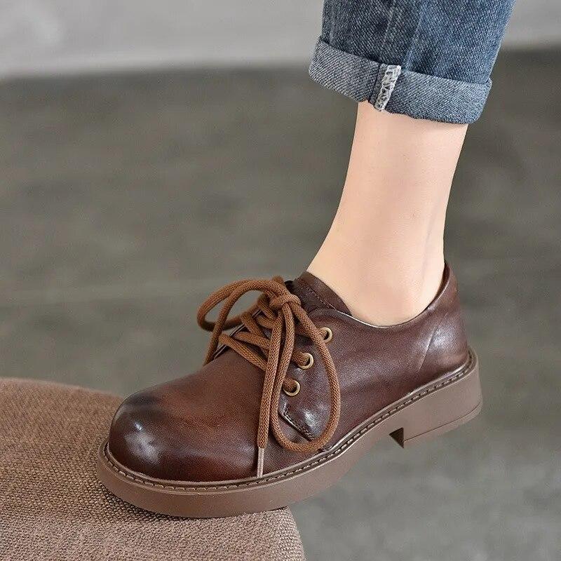 Johnature Low Heel Pumps Genuine Leather Lace-up Versatile Retro British Style Round Toe Women's Shoes