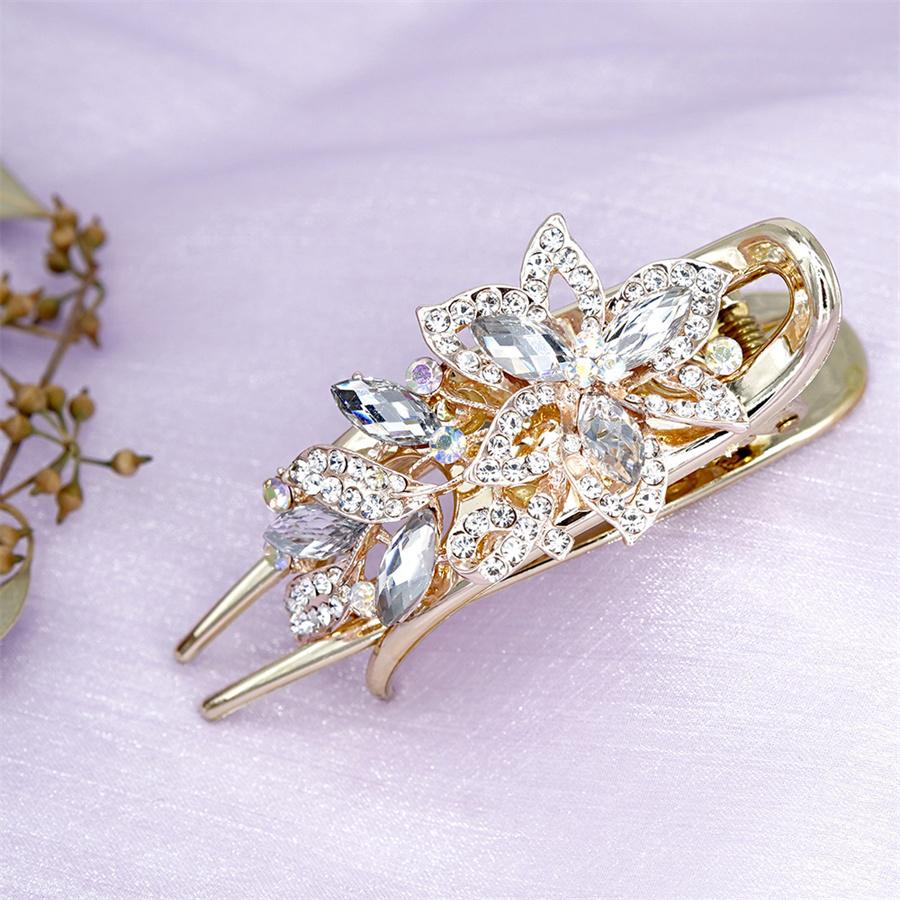 Elegant Crystal Double Flower Hair Claw Hair Grab Duckbill Clip For Women Headdress Hair Accessories Rhinestone Hairpin Headwear