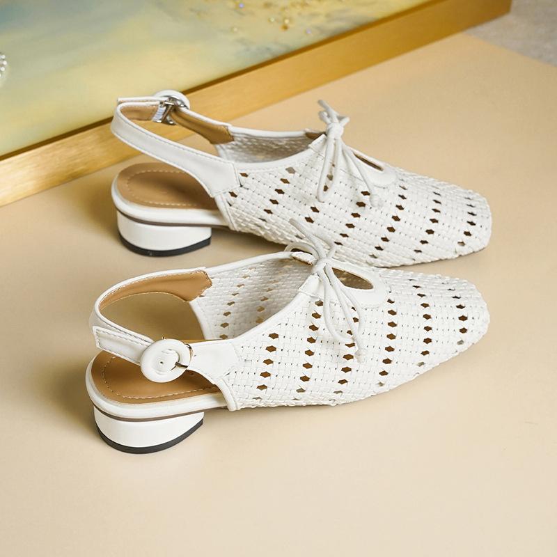 

Плетеная ажурная сумка, сандалии с пряжкой на один ремешок и бантом, толстый каблук, отпускная пляжная обувь для женщин 40 белый