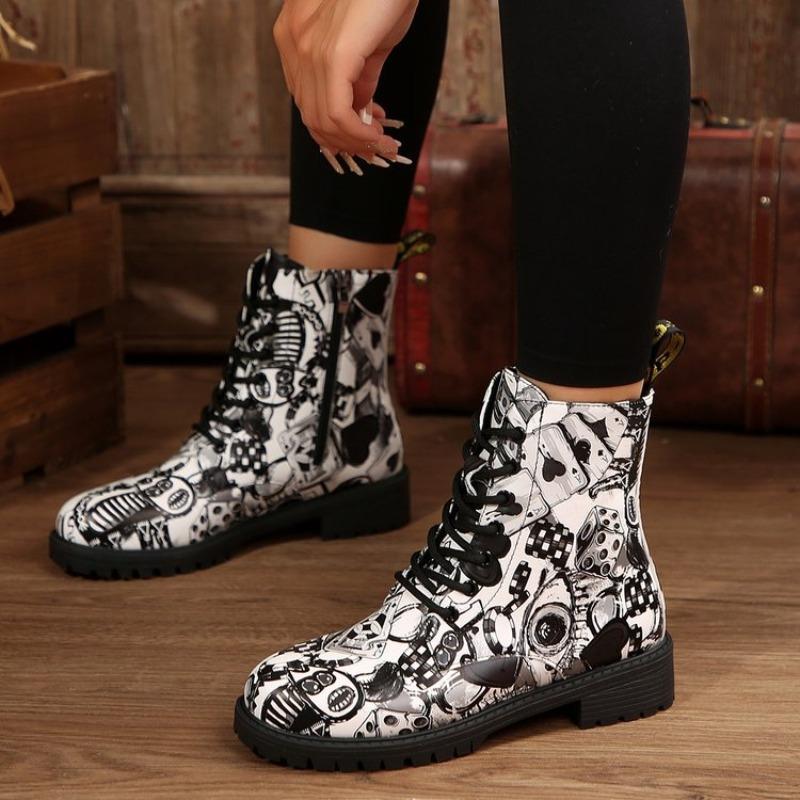 Large size graffiti square heel side zipper Martin boots autumn and winter new round head lace-up women's boots