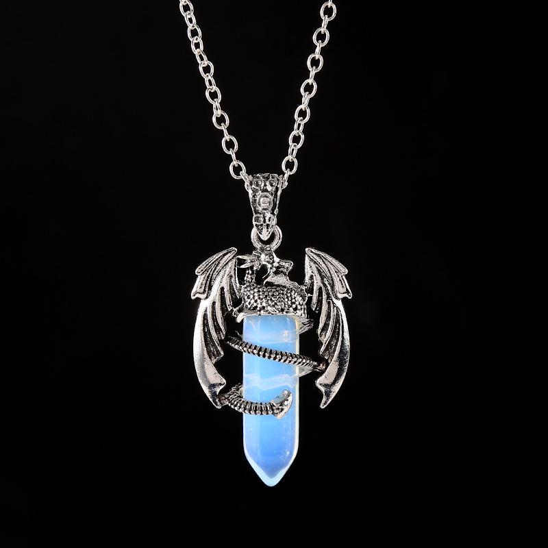 Vintage Flying Dragon Pendant Necklace with Amethyst, Rose Quartz, and Tiger Eye Gems