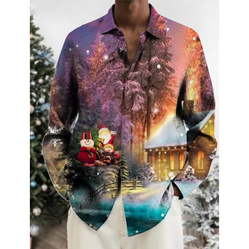 Man Christmas Scene Print Shirt Santa Claus Deer Lapel 3D Outdoor Long Sleeve Button-Up Print Fashion Designer Style