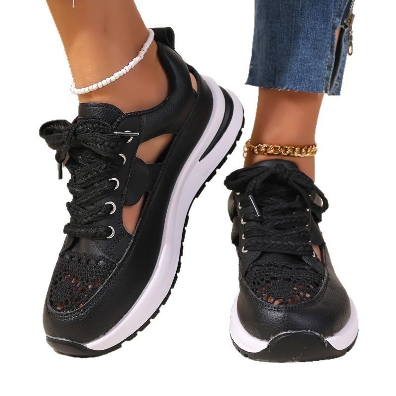 European and American Large-size Heightening Women's Casual Single Shoes Are Popular, Breathable Mesh Hollow Casual Sports Board Shoes