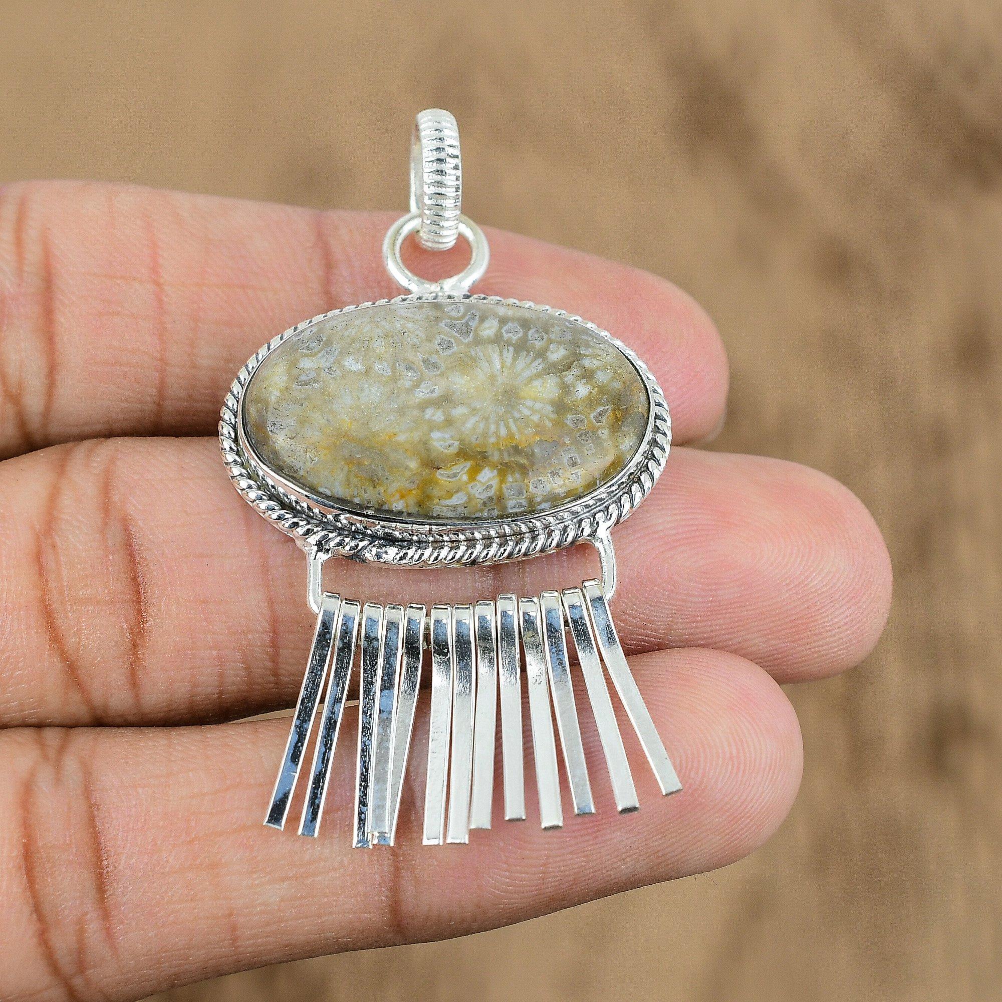 

Womens day Deal Oval Root Chakra Fossil Coral Stone Pendant 925 Sterling Silver