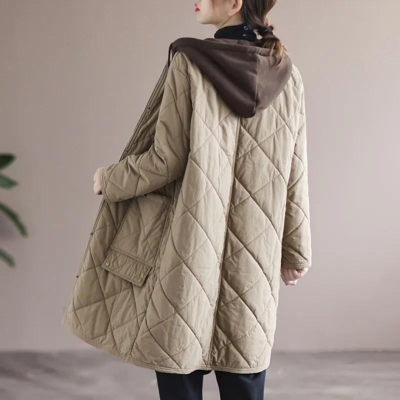 Diamond-shaped Plaid Cotton Hooded Coat Loose Casual Mid-length Cotton Jacket Warm and Windproof All-match Women's Cotton Jacket
