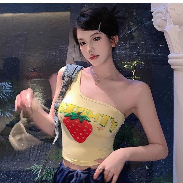 Pure Desire Sweet Hot Girl Off-shoulder Single Shoulder Suspender Vest Women Wear Tight Short Sexy Sleeveless T-shirt Top