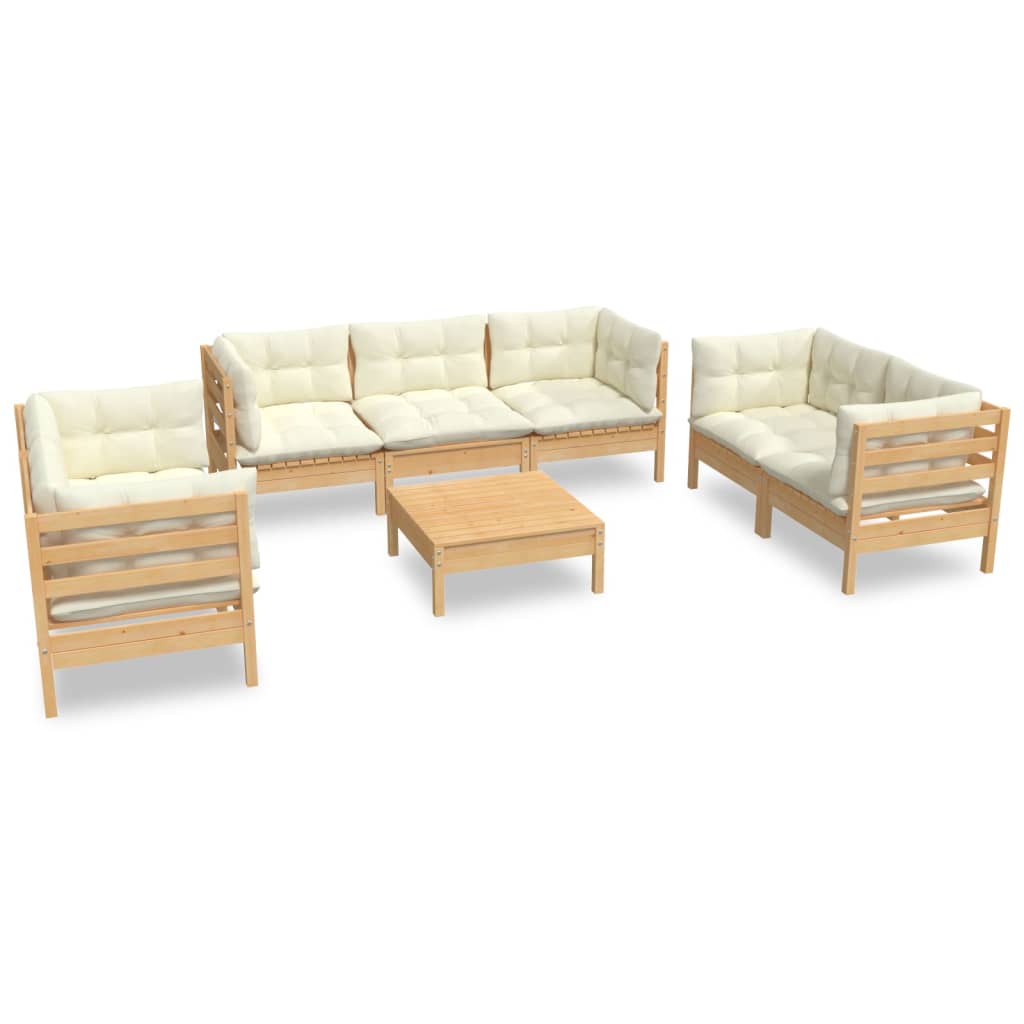 Vidaxl 8-Cz. Garden Lounge Set, Cream Cushions, Pine