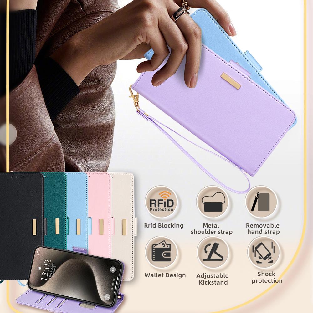 Für iPhone 15 Hülle RFID-Blockierend Flip PU Leder Geldbörse Umhänge-Handyhülle