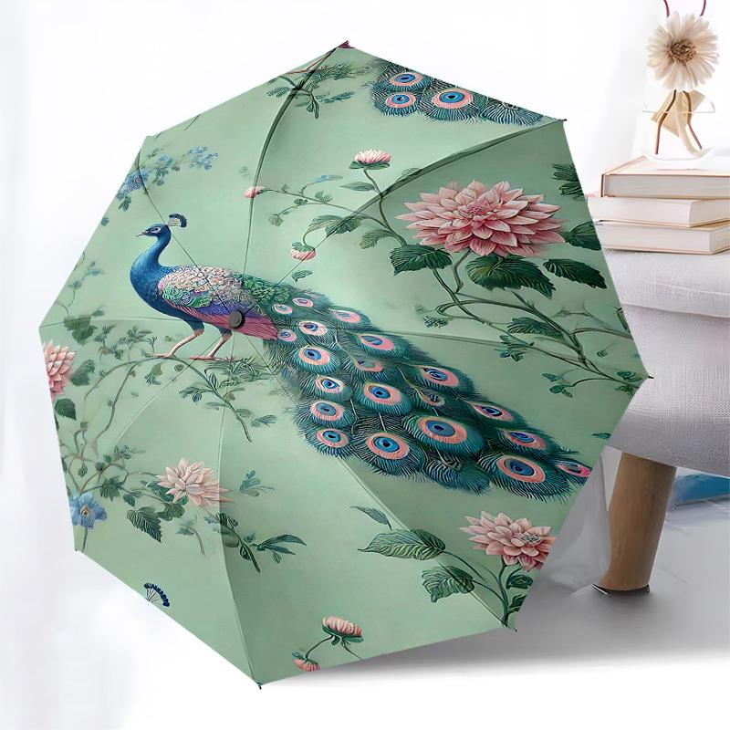 1PC Peacock Flowers Umbrella-8-Rib Reinforced, Automatic Open, Lightweight & Durable, Fashion Accessory for Outdoor, Beach L0331