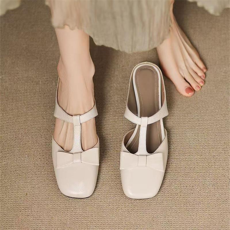 French low-heeled bag head and half slippers women's summer new square head thick heel middle heel outer wear one pedal casual sandals