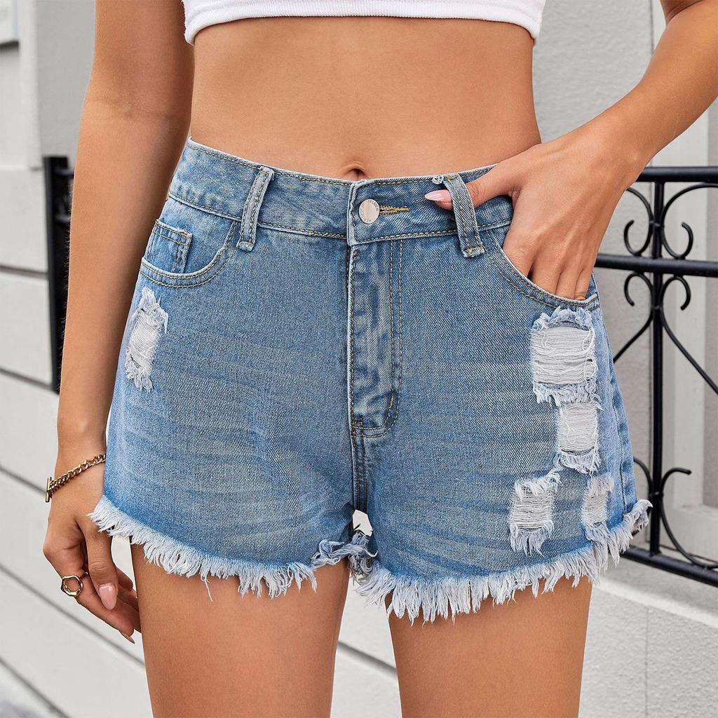 Women's Fashion Trend Color Pocket With Frayed Edges And Holes Denim Casual Shorts