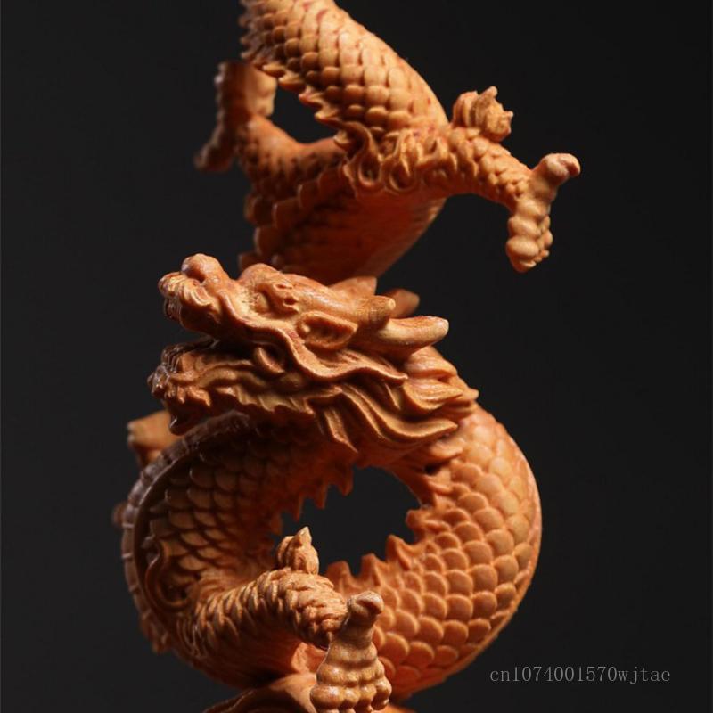 Yellow Poplar Wood Hand Carving Crafts Creative Dragon Shape Sculpture Decor South American Boxwood, Dragon Year Decoration, 1Pc