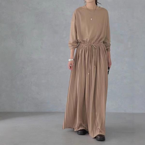 

2024 Pleated Hem Belted Long Dress One Size