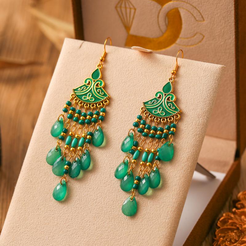 Bohemian Fan Shaped Water Drop Earrings for Women Ethnic Long Temperament Dangle Earring Party Vacation Jewelry