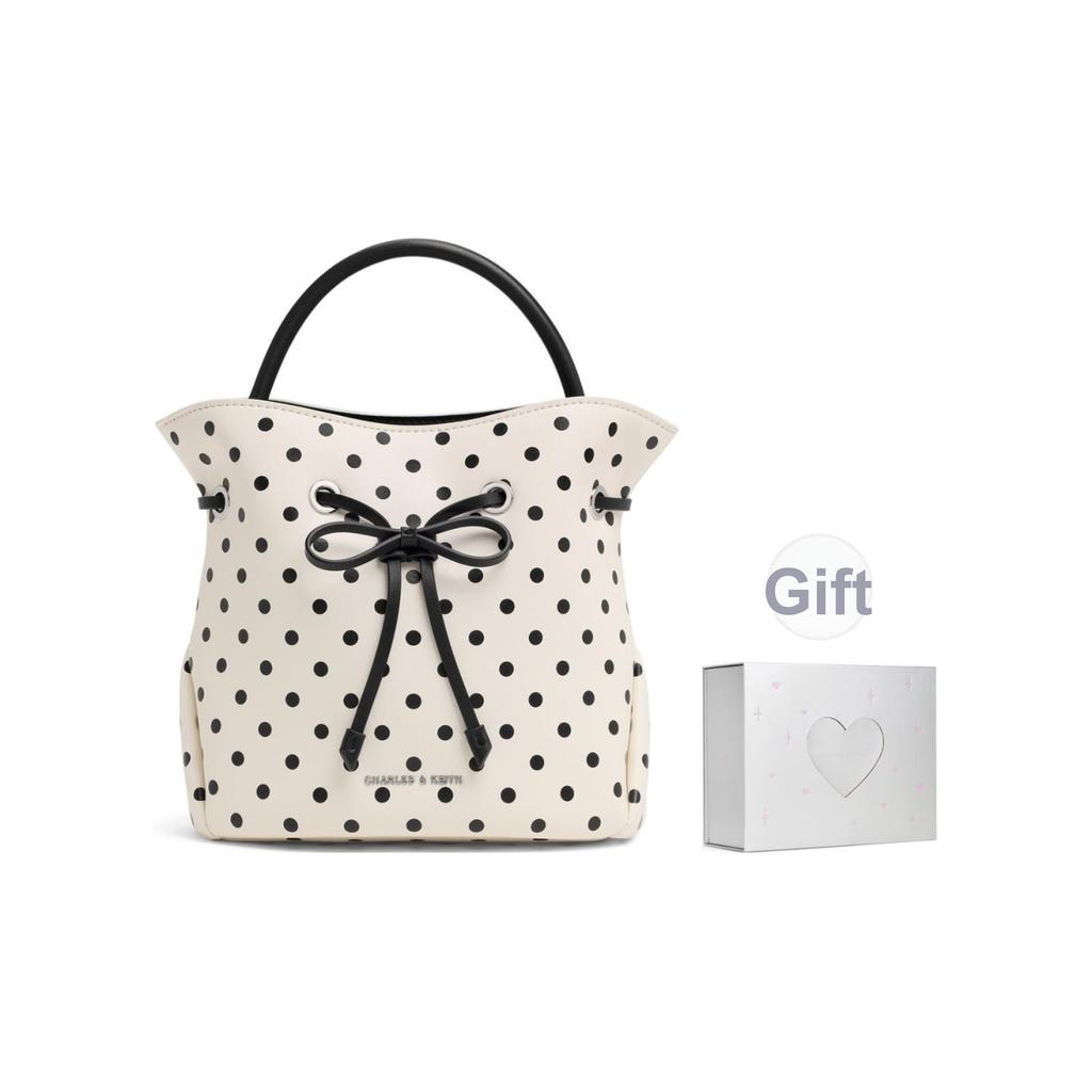 Charles & Keith Small CK 26 Summer Polka Dot Drawstring Crossbody Bag PU Bucket Bag Handbag Small Women bags Cream Sea-Salt-Blue CK2-10160260-A
