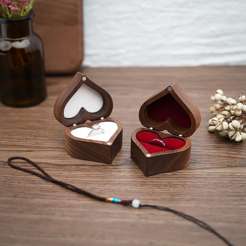 Boîte à bagues en bois de noyer en forme de cœur, support pour bague de fiançailles, boîte de rangement pour bijoux, sans bague