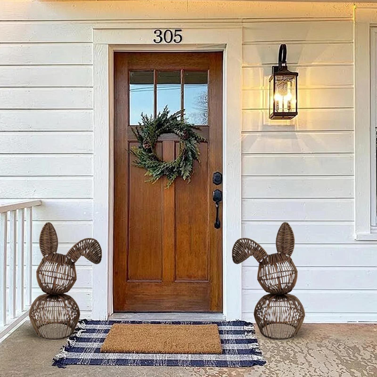 Rattan Easter Bunny Basket, Fabric Bow, Handmade Brown Bunny Decor One Size