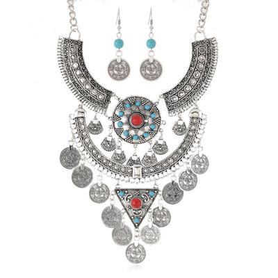 Vintage Ethnic Style Jewelry Set Exquisite Neck Jewelry Turquoise Tassel Necklace Earrings  Party