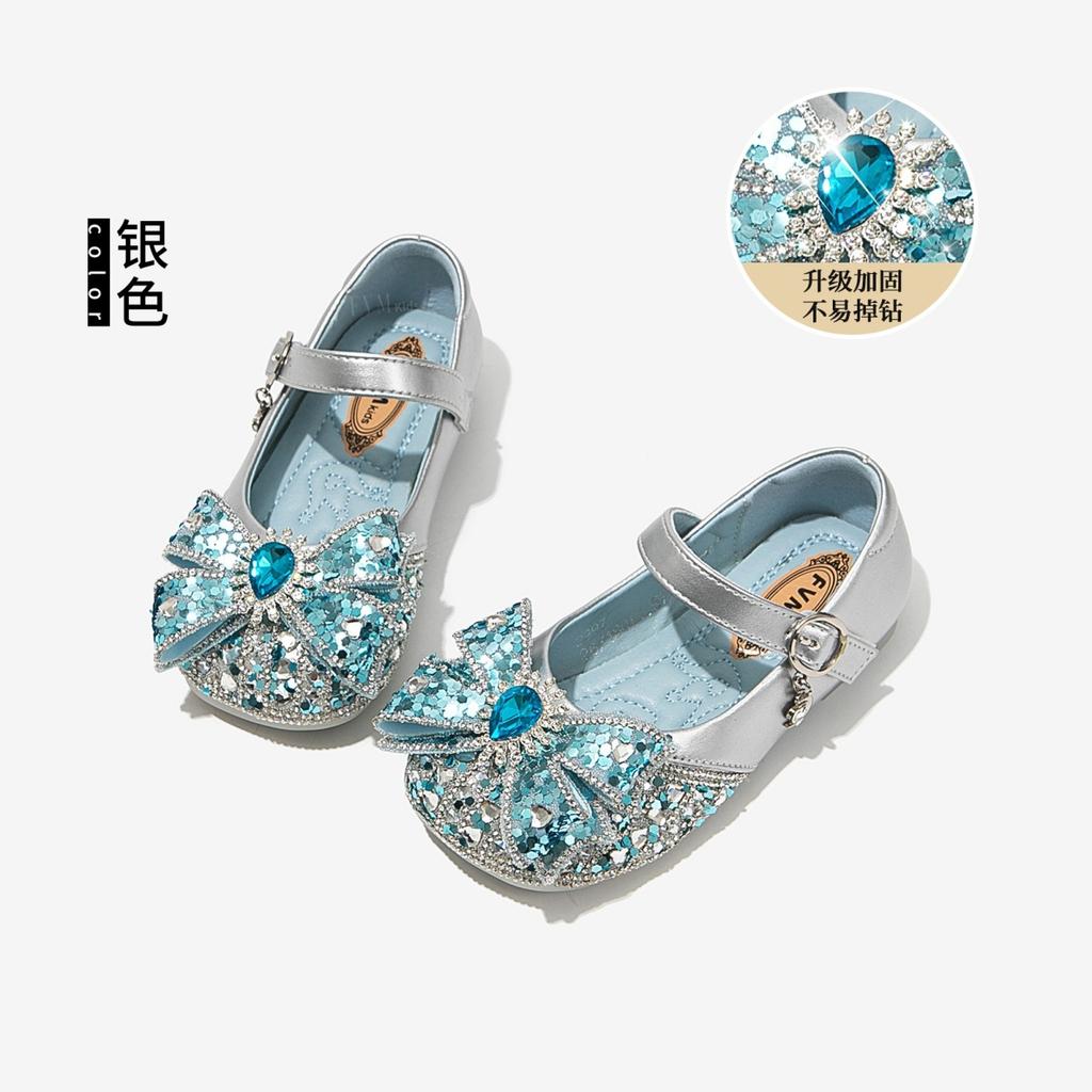 Girls shoes children's princess crystal shoes 2025 spring and summer new Elsa small leather shoes baby Elsa princess blue
