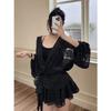 Rochie de damă europeană și americană cu buline, din șifon, cu decolteu adânc în V, cu mâneci lungi, pentru toamnă, cu talie marcată, decolteu în V, cu mâneci lungi, fustă scurtă în linie A