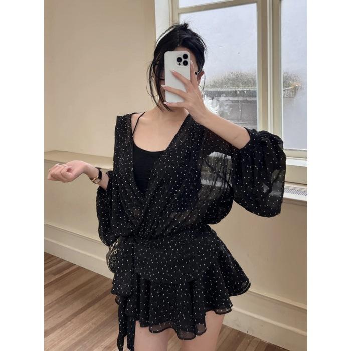 Rochie de damă europeană și americană cu buline, din șifon, cu decolteu adânc în V, cu mâneci lungi, pentru toamnă, cu talie marcată, decolteu în V, cu mâneci lungi, fustă scurtă în linie A