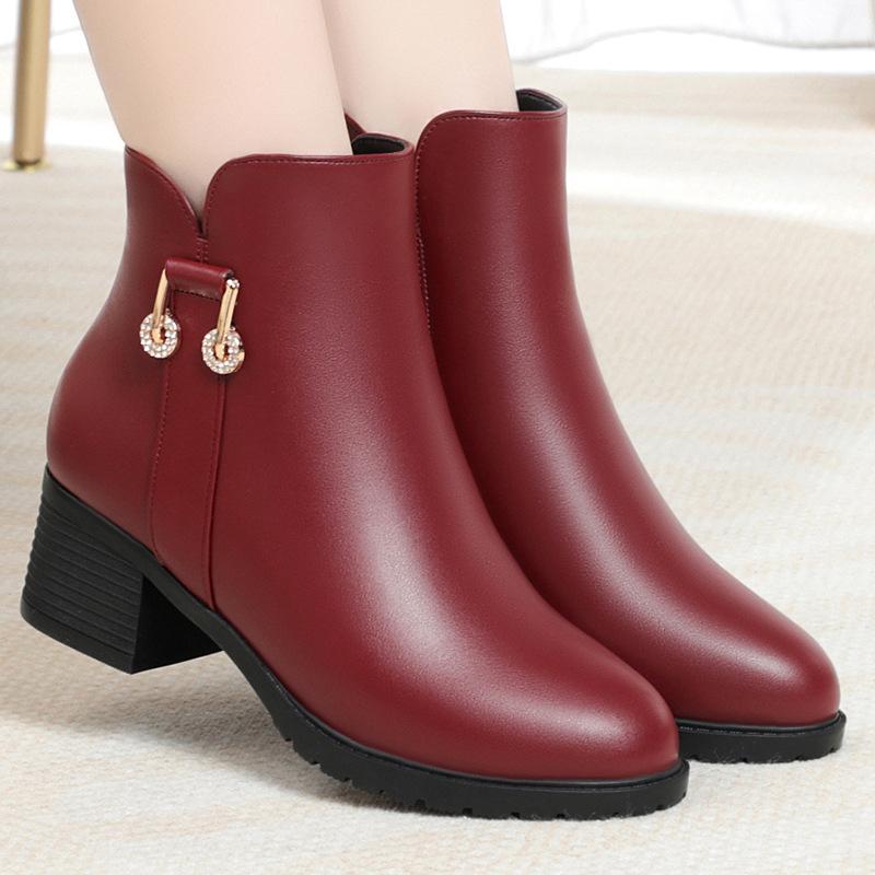Women's thick-heeled short boots, autumn and winter new single boots, soft leather and velvet leather shoes