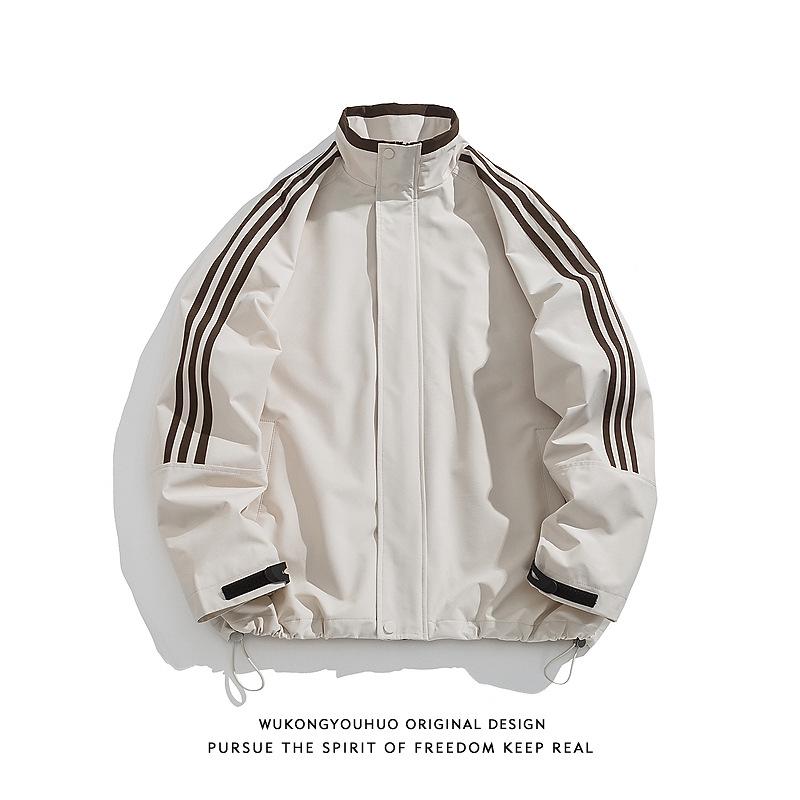 Unisex Retro Three Stripes Stand Collar Windbreaker - Trendy Loose Fit Jacket for Spring/Autumn Streetwear