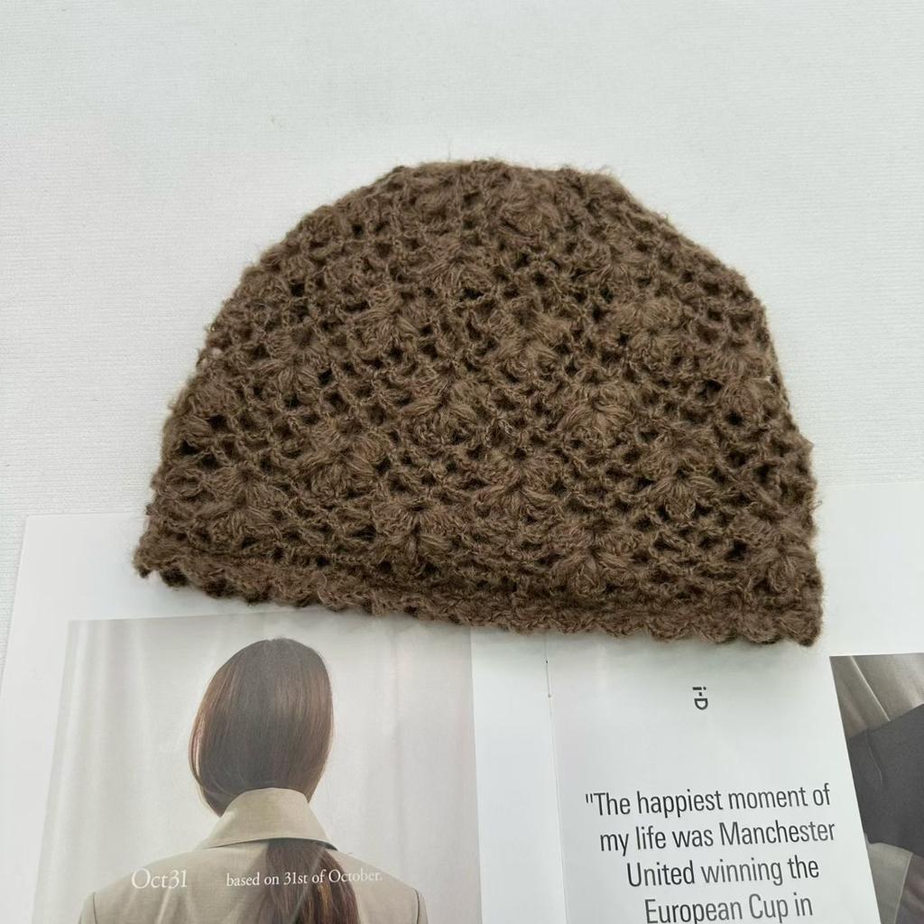 Double-layer handmade crochet hollow bag hat female elegant versatile knitted pullover hat autumn and winter breathable travel cold hat