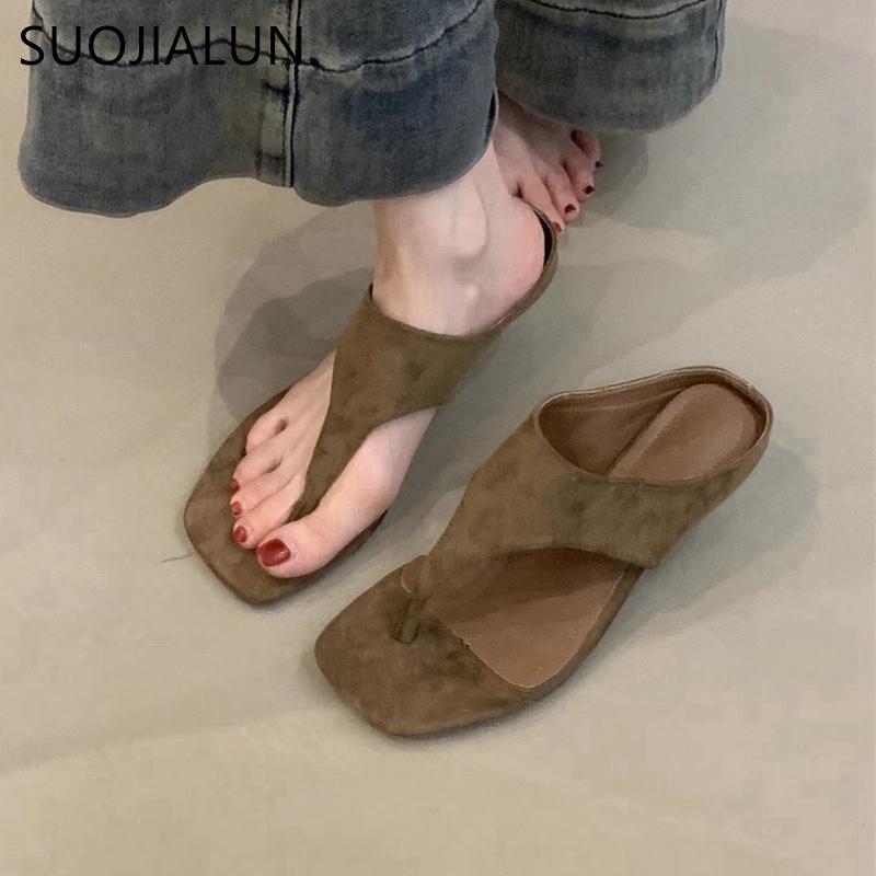 Fashion SUOJIALUN 2025 Summer New Women Flat Shoes Fashion Square Toe Slip On Flip Flop Shoes Thin High Heel Outdoor Dress Sandal Slides