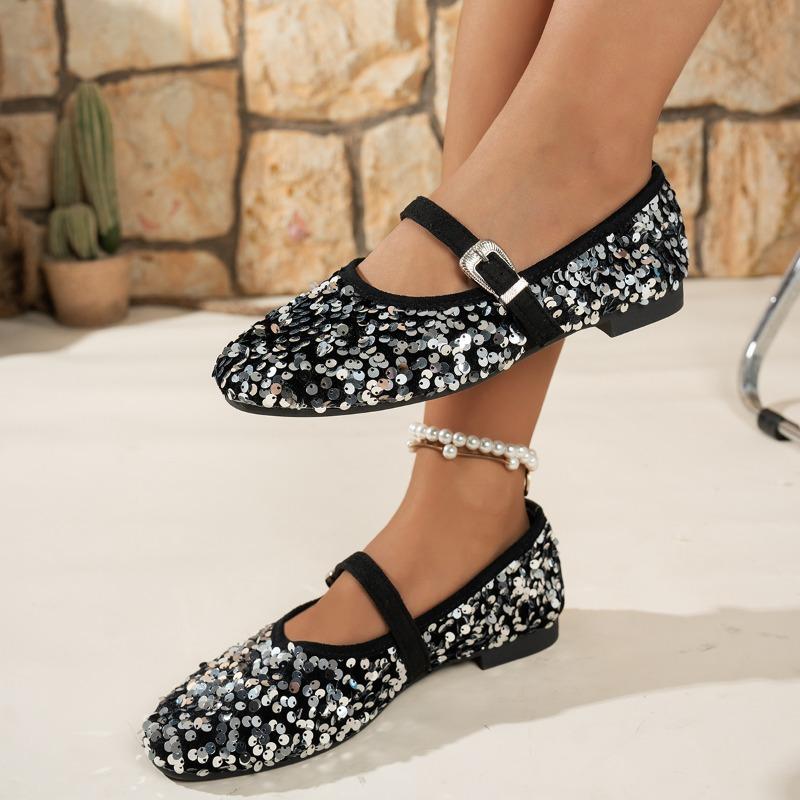 Fashion Sequin Cloth Sole and Heel Single Shoes Fall New Round Toe Shallow Mouth One-band Soft Sole Non-slip Low-top Shoes