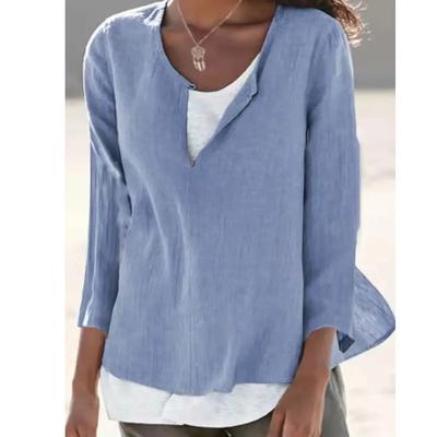 Summer Autumn Women's Linen Cotton T-shirts Solid Color V Neck Top Casual Loose Long Sleeve Lightweight Pullovers