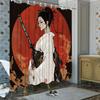 1Pc Anime Style Digital Artistic Japanese Geisha Swordswoman Shower Curtain Red Sun Kimono Katana 12 Hooks 70*70 Inch - Polyeste