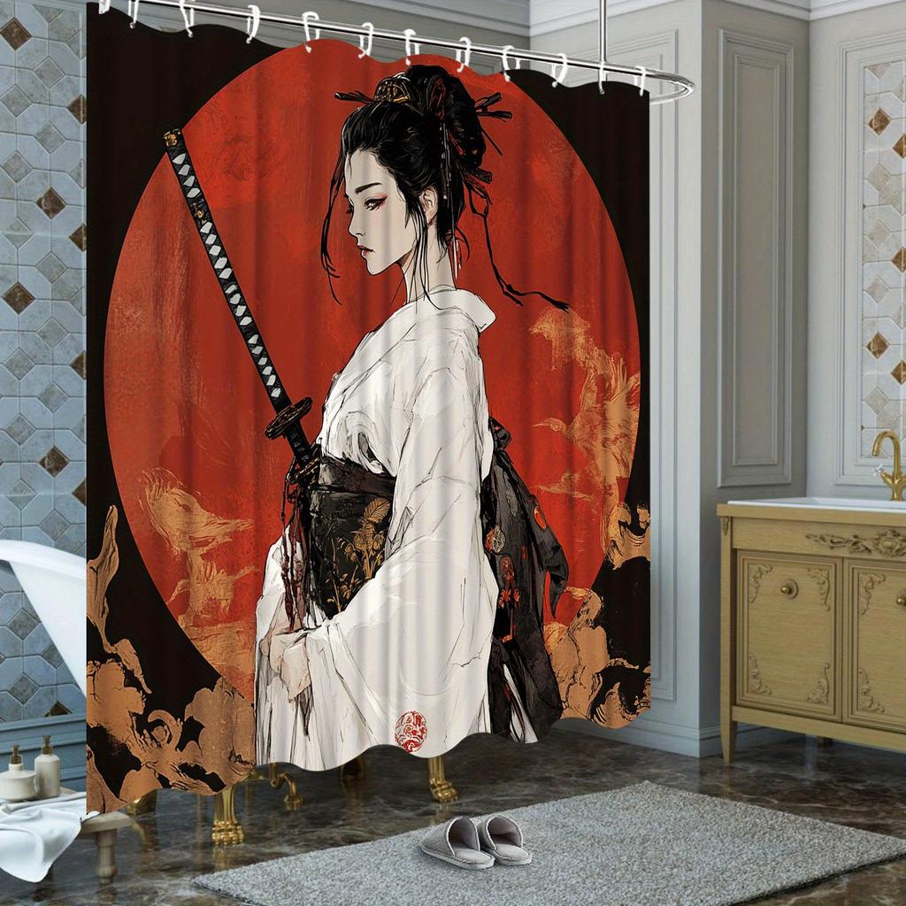 1Pc Anime Style Digital Artistic Japanese Geisha Swordswoman Shower Curtain Red Sun Kimono Katana 12 Hooks 70*70 Inch - Polyeste