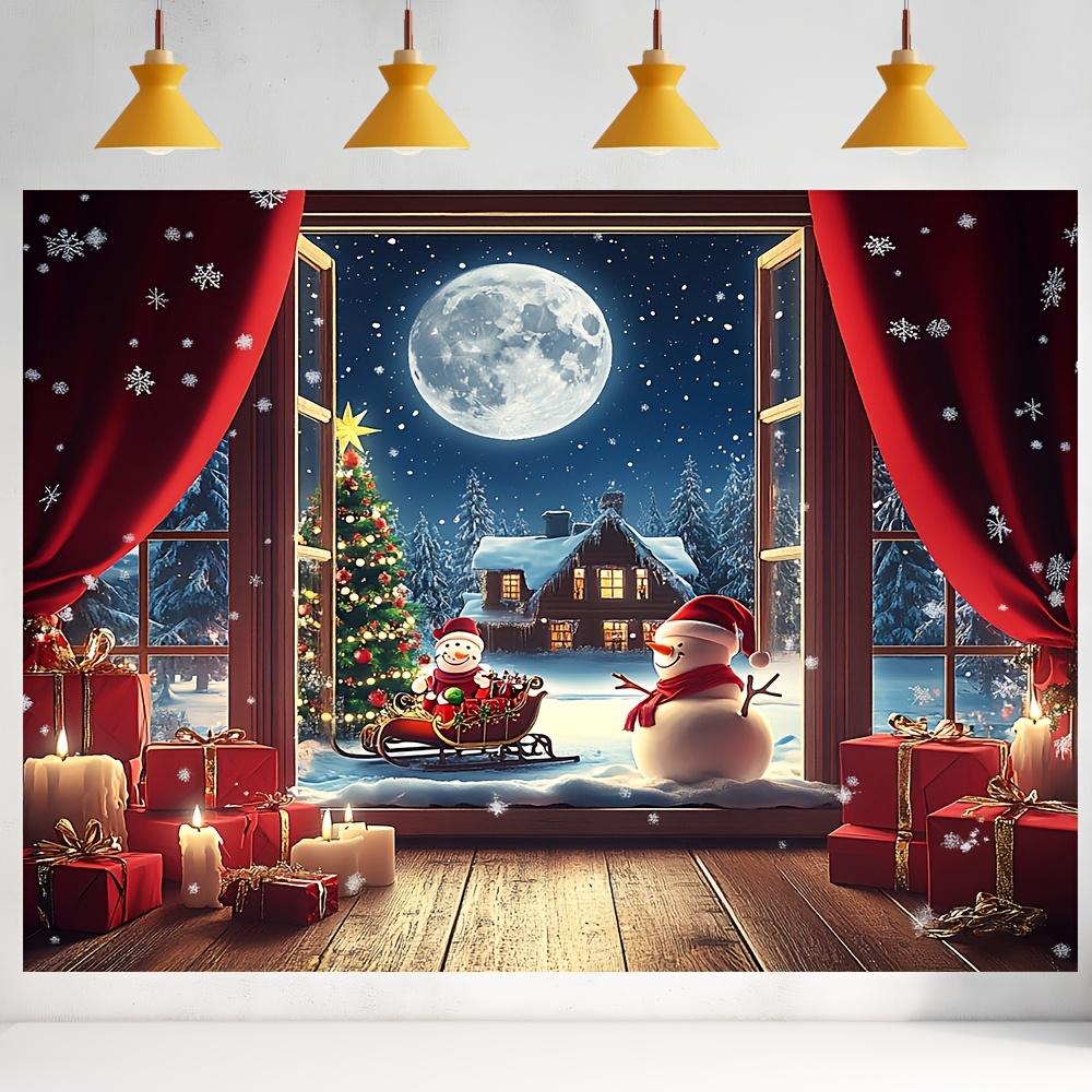 Double-Window Snow Scene Christmas Tapestry Snowman Christmas Tree Warm Living Room Background Wall Hanging Room Decor 100X70CM