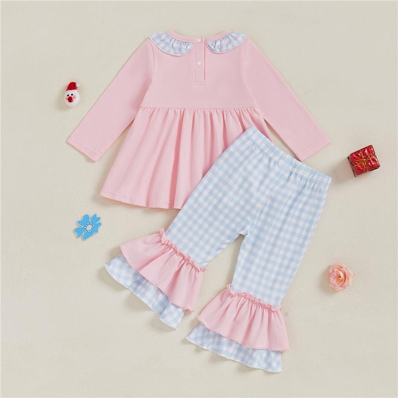 Baby Mädchen Schlaghosen-Set Nikolaus Weihnachtsbaum Stickerei Langarm Rüschenoberteile Karierte Hosen 2-teilige Outfits