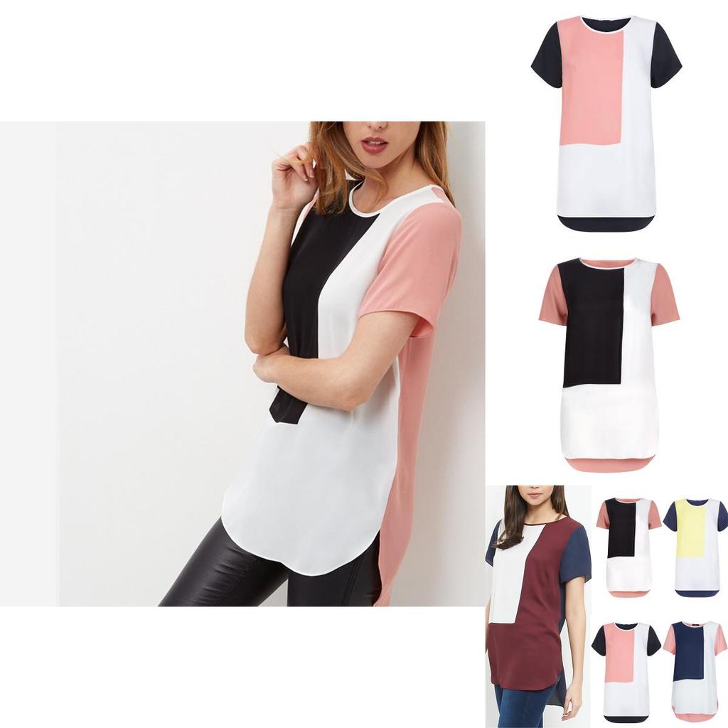 Women's Summer O-neck Loose Short Sleeve Shirt With Leisure Patchwork Design