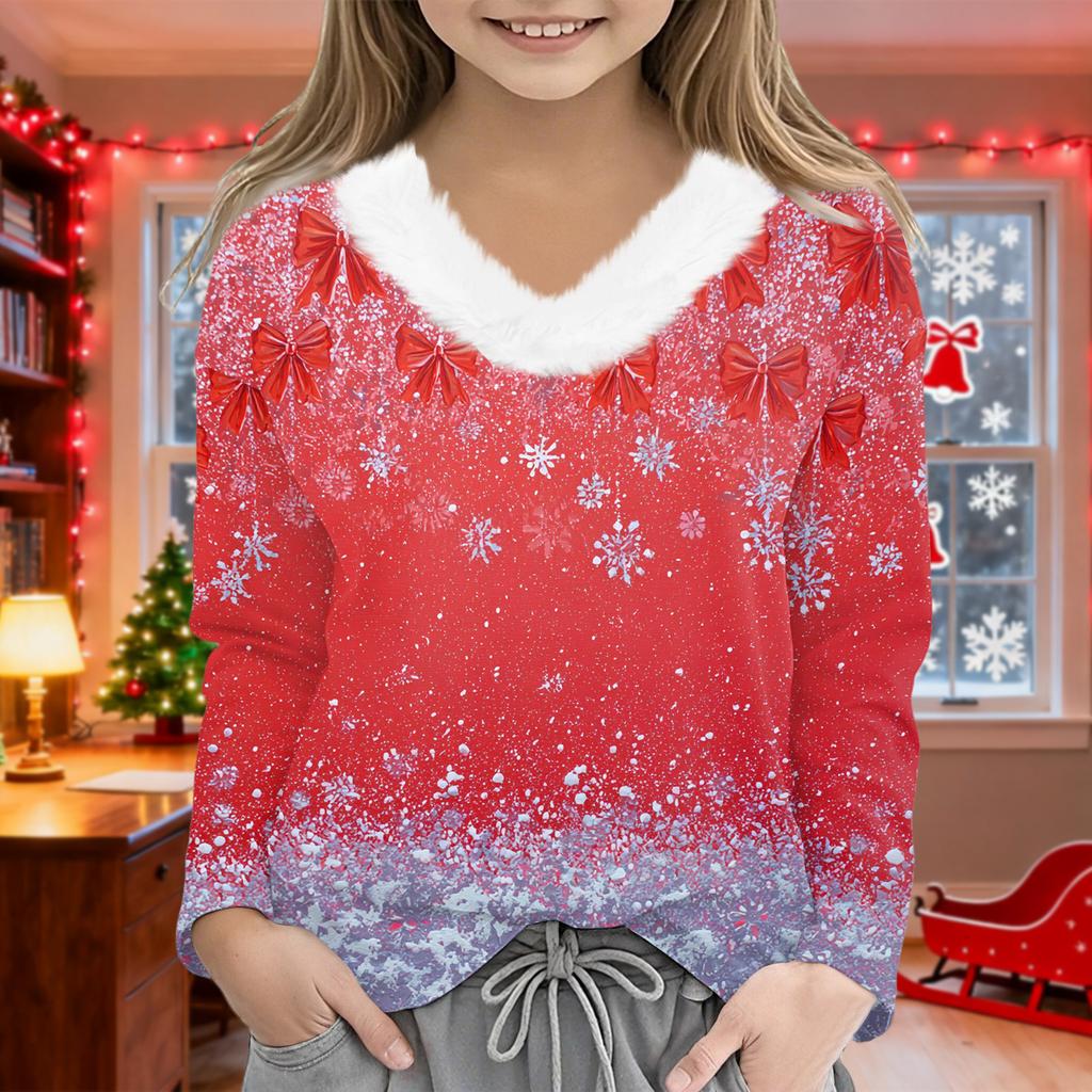Christmas Day Girls Long Sleeve T Shirts Kids  Girls' V-Neck Tee Christmas Print Long Sleeve Top