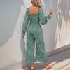 Women's Jumpsuit Square Collar Puff Sleeve Wide-leg Pants Long-sleeved Vacation Style Floral Jumpsuit