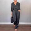 Completo due pezzi: top grigio scuro a V a maniche corte e pantaloni a gamba larga