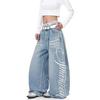 Jeansy damskie plus size retro pikantny sprany nadruk szerokie nogawki