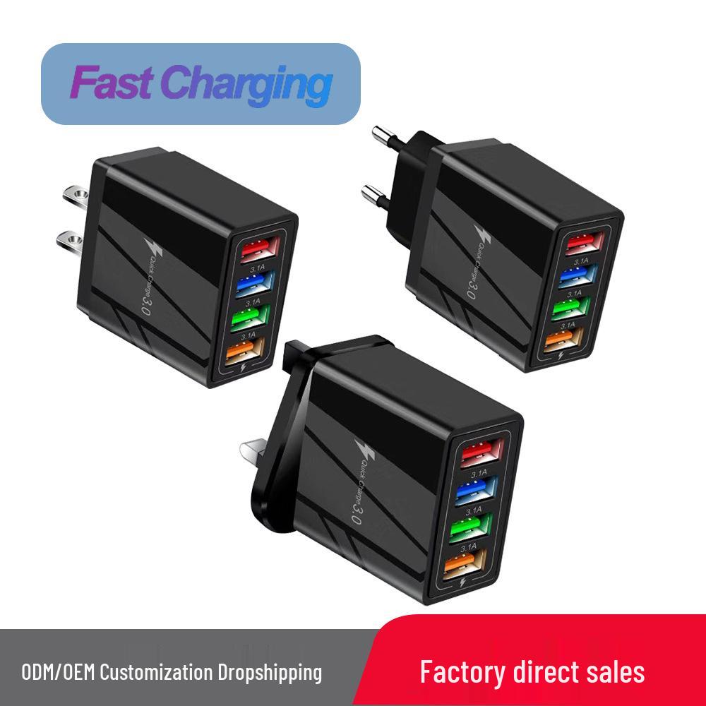 4-Port 3A USB Mobile Charger with LED - EU, US, UK Standards, Tablet-Compatible