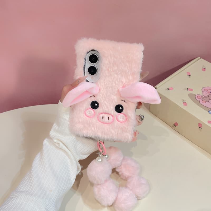 Kawaii Cartoon Plush Pig Phone Case For Samsung Z Fold 8 Ultra 7 6 5 4 ZFold8 Fold7 Fold6 Cover with Chain Fur Fluffy Cute Cases